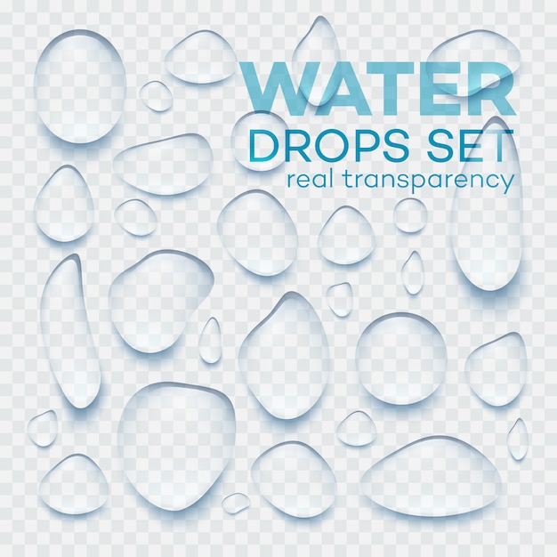 Conjunto de gotas de agua transparente realista.