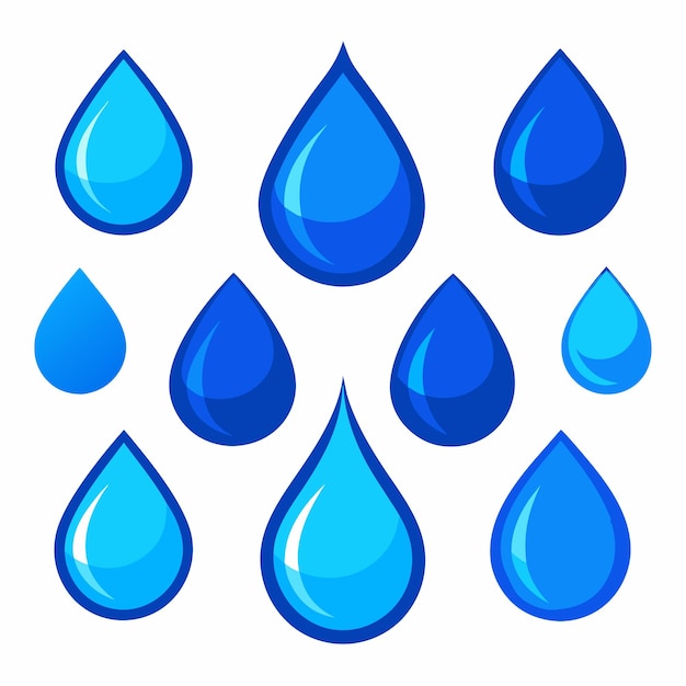 un conjunto de gotas azules de agua que están en un fondo blanco
