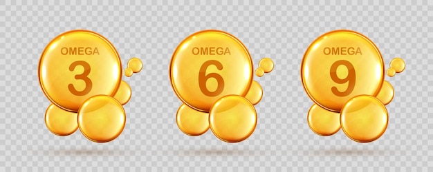 Conjunto de gotas doradas de Omega tres seis y nueve Ácidos grasos poliinsaturados Omega3 Omega6 Omega9 Aceite de pescado natural nutrientes vitamínicos orgánicos Ácidos grasos Omega Cápsulas realistas vectoriales