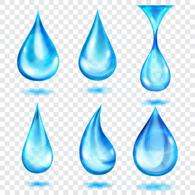 Conjunto de gotas translúcidas en colores azules, aisladas sobre fondo transparente. Transparencia solo en formato vectorial