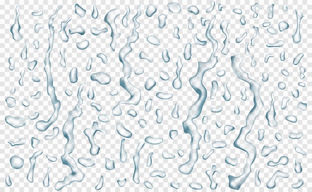 Conjunto de gotas translúcidas y vetas de agua en colores grises en varias formas, aisladas sobre fondo transparente. Transparencia solo en formato vectorial