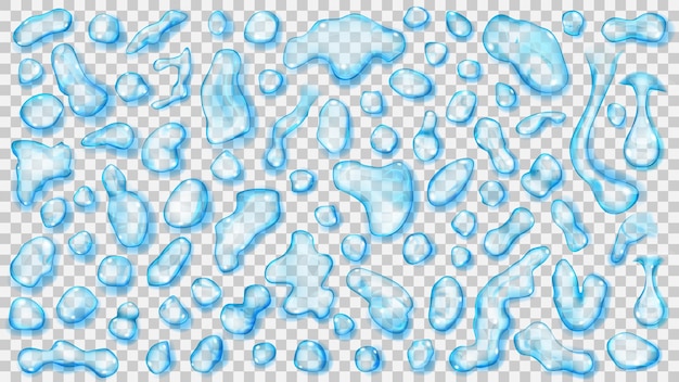 Conjunto de gotas transparentes de color azul claro con sombras, sobre una superficie
