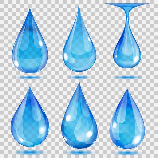Conjunto de gotas transparentes en colores azul claro. Transparencia solo en formato vectorial. Se puede utilizar con cualquier fondo.