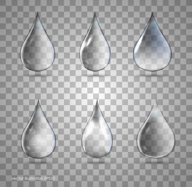 Conjunto de gotas transparentes en colores grises. Se puede utilizar con cualquier fondo.