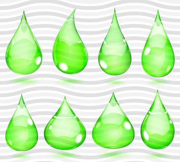 Vector conjunto de gotas transparentes en colores verdes saturados.