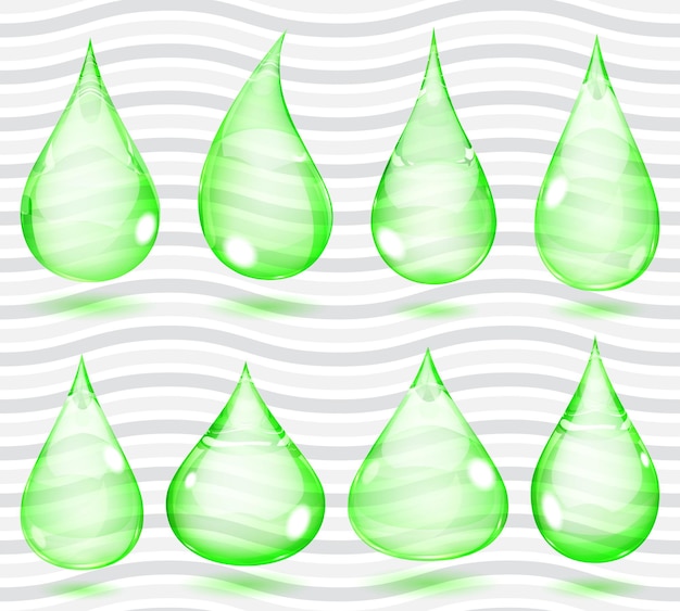 Vector conjunto de gotas transparentes en colores verdes.