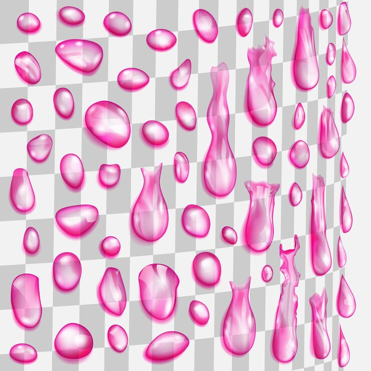 Vector conjunto de gotas transparentes púrpuras que fluyen a lo largo de una superficie cilíndrica gotas de diferentes formas aisladas sobre fondo transparente