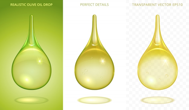 Conjunto de gotitas orgánicas. gotas realistas 3d con diferentes tonos verdosos. iconos de aceite de oliva, té verde, biocombustible o aceite de belleza natural. mallas de degradado con una transparencia. detalles perfectos