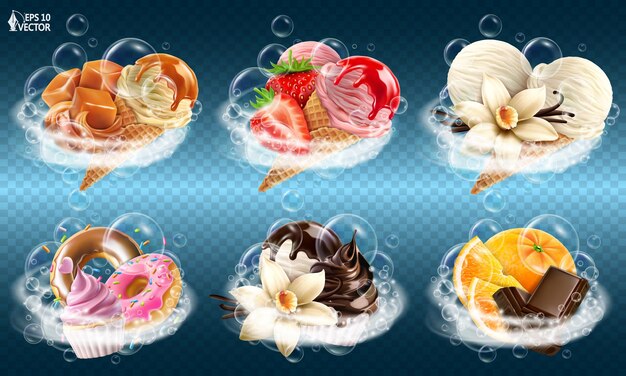 Conjunto gourmet vectorial espuma realista salpicaduras burbujas vórtice caramelo chocolate diseño de helado con sabor