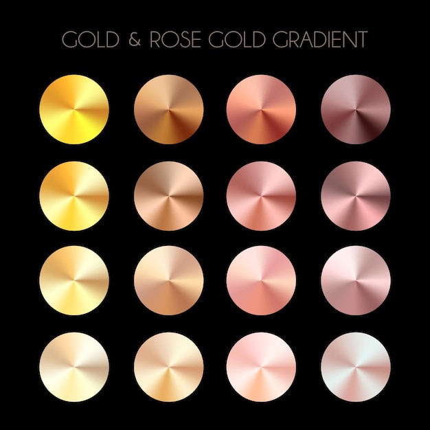 Conjunto de gradientes radiales de oro y oro rosa Paleta de colores Ilustración vectorial