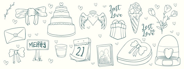 Conjunto gráfico de boda corazones cintas alas jaulas flores carta de amor Letras y etiquetas dibujadas a mano Plantillas de diseño de vectores vintage invitaciones tarjetas fronteras