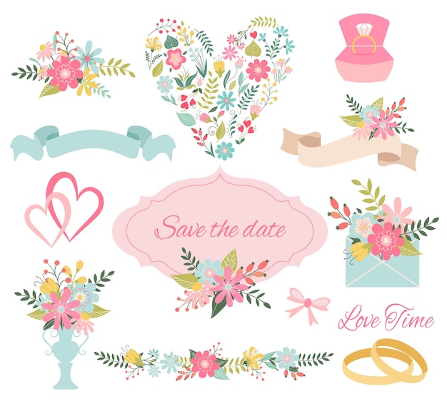 Conjunto gráfico de bodas corona de flores flechas corazones cintas de laurel y etiquetas sobre fondo blanco