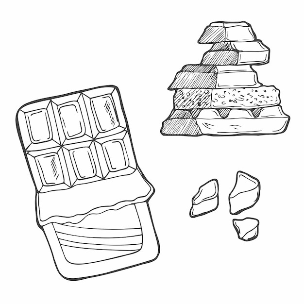 Conjunto gráfico de chocolate vector de ilustración de boceto aislado en blanco y negro