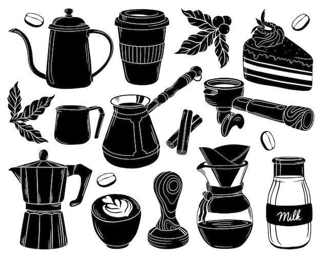 Conjunto gráfico de ilustraciones vectoriales de elementos de café dibujados a mano