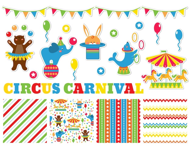 Conjunto gráfico con lindos animales de circo.