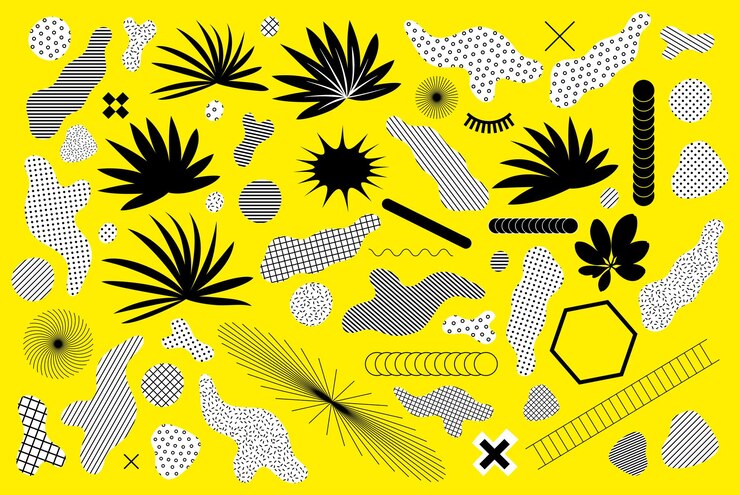 Vector conjunto gráfico de moda universal yuxtapuesto con composición de elementos florales y geométricos en negrita brillante formas de diseño para la venta de carteles de folletos de revistas