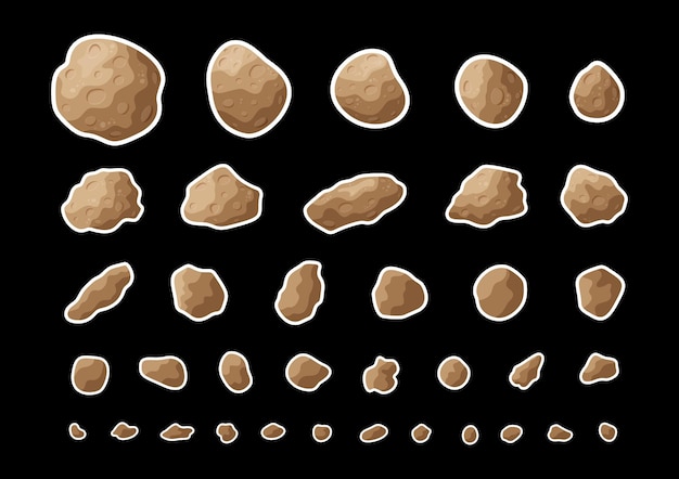 Conjunto gráfico vectorial de pegatinas de meteoritos espaciales planos Colección de parches aislados con asteroides