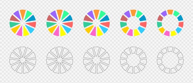 Conjunto de gráficos de anillos Ruedas infográficas divididas en 11 secciones gráficas y multicolores Diagramas circulares