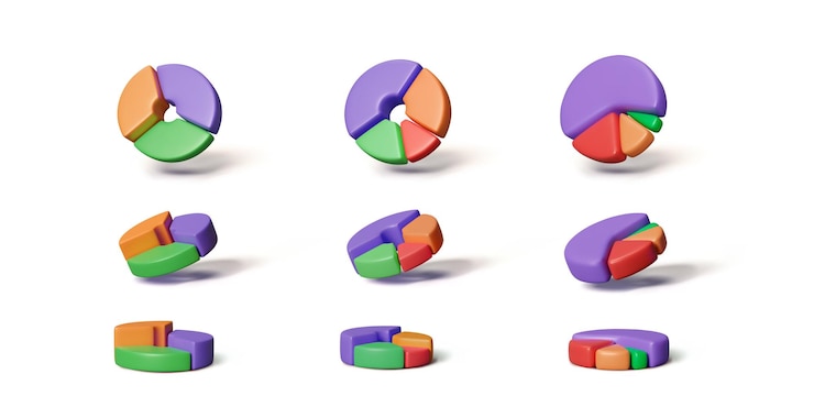 Vector conjunto de gráficos circulares 3d representación de diagrama redondo en estilo realista de dibujos animados