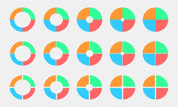 Conjunto de gráficos circulares y de anillos Diagramas circulares divididos en 4 secciones Ruedas infográficas coloridas