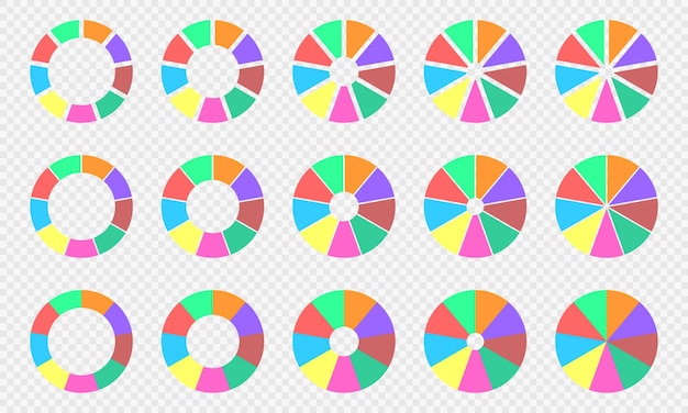 Conjunto de gráficos circulares y de anillos Diagramas circulares divididos en 9 secciones Ruedas infográficas coloridas