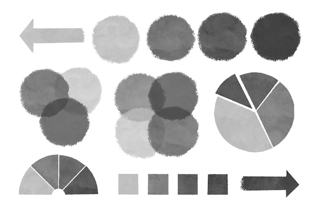 Conjunto de gráficos circulares en blanco y negro acuarela