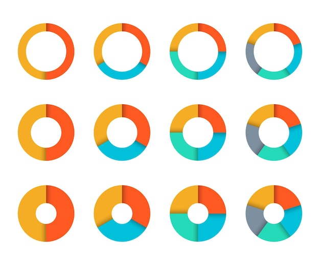 Vector conjunto de gráficos circulares colección de diagramas coloridos con 12345 secciones o pasos iconos circulares para la presentación de negocios de diseño web de interfaz de usuario infográfica ilustración vectorial