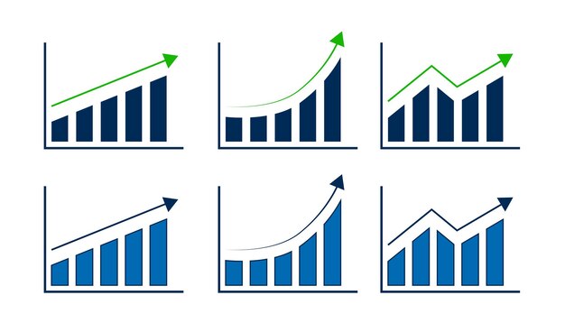 Conjunto de gráficos de crecimiento iconos vectoriales gráfico de negocios elementos infográficos gráfico de crecimiento icono sólido