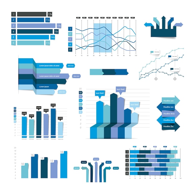 Conjunto de gráficos de diseño 3d plano de negocios gráficos de infografías azules