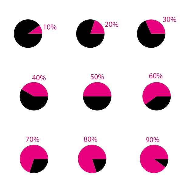Vector conjunto de gráficos de pastel porcentaje 10 a 90 gráfico redondo de círculo diagrama de gráfico de pastel