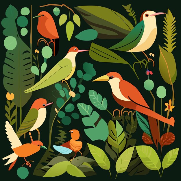 Vector conjunto de gráficos planos de iconos de vector de aves de selva dibujados a mano