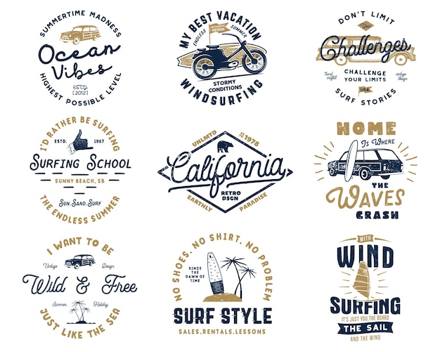 Conjunto de gráficos de surf vintage y emblemas para diseño web o impresión. Plantillas de logotipo de surfista. Insignias de surf. Colección de insignias de tipografía de verano para camiseta. Stock Vector parches de hipster aislados en blanco.