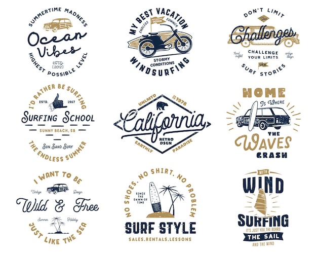 Conjunto de gráficos de surf vintage y emblemas para diseño web o impresión. plantillas de logotipo de surfista. insignias de surf. colección de insignias de tipografía de verano para camiseta. stock vector parches de hipster aislados en blanco.