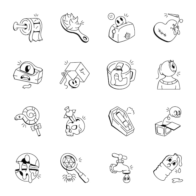 Conjunto de grafitis y espeluznantes iconos de Doodle