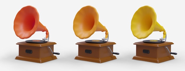 Conjunto de gramófonos 3D de diferentes colores Equipo retro para reproducir música de un disco a otro