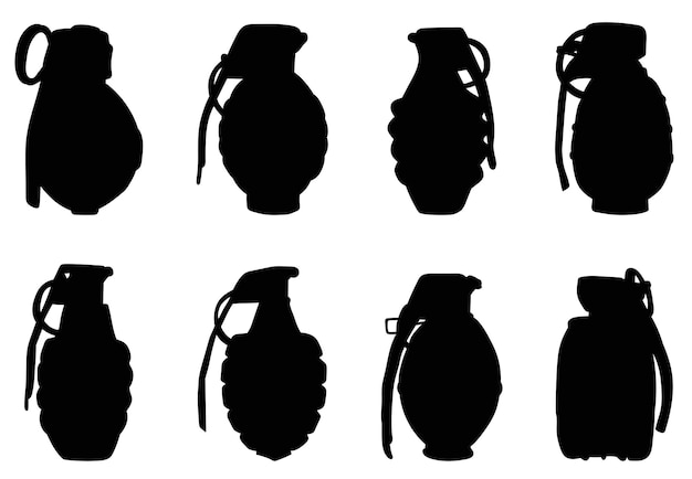 conjunto de granadas de combate manual silueta en un vector de fondo blanco