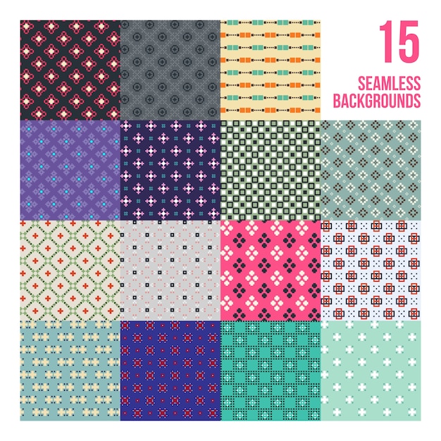 Conjunto grande de 16 patrones pixelados coloridos. Estilo infantil. Útil para envolver y diseño textil.