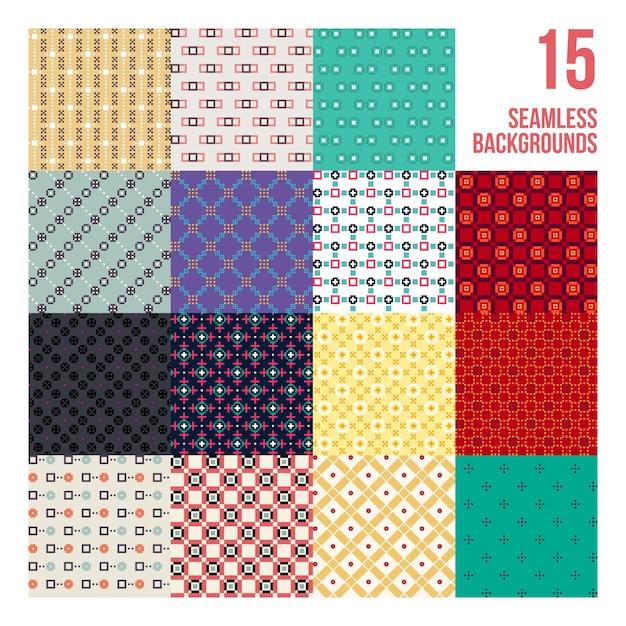 Conjunto grande de 16 patrones pixelados coloridos. Estilo infantil. Útil para envolver y diseño textil.