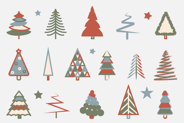 Conjunto grande de árbol de navidad con estrellas. colección de árboles de año nuevo. ilustración vectorial