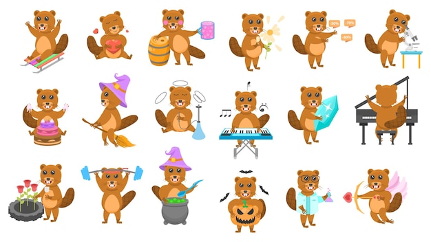 Conjunto grande Colección abstracta Dibujos animados planos Diferentes animales Castores Elementos de estilo de diseño vectorial Fauna