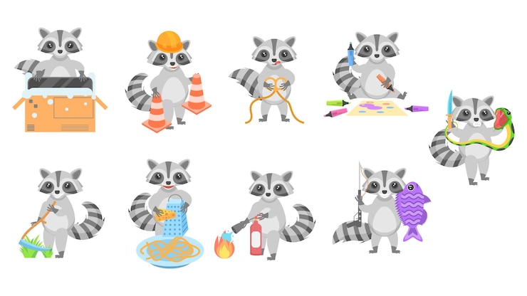 Vector conjunto grande colección abstracta dibujos animados planos diferentes animales mapaches elementos de estilo de diseño vectorial