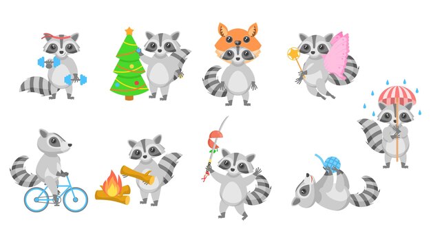 Conjunto grande Colección abstracta Dibujos animados planos Diferentes animales Mapaches Elementos de estilo de diseño vectorial