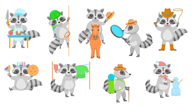 Vector conjunto grande colección abstracta dibujos animados planos diferentes animales mapaches elementos de estilo de diseño vectorial