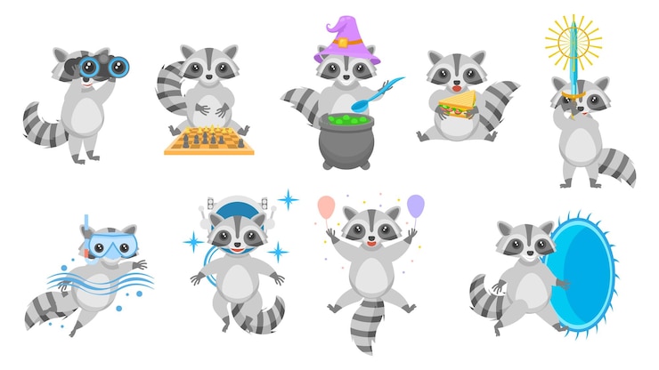 Vector conjunto grande colección abstracta dibujos animados planos diferentes animales mapaches elementos de estilo de diseño vectorial