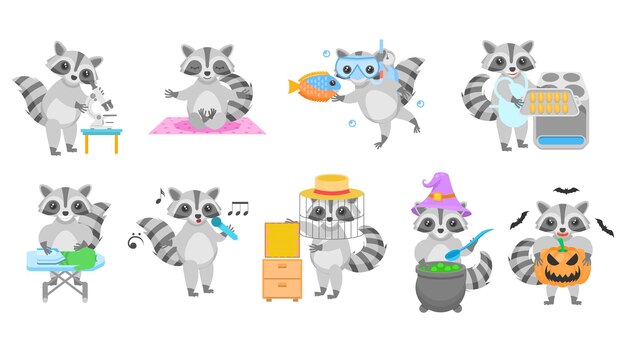 Conjunto grande colección abstracta dibujos animados planos diferentes animales mapaches elementos de estilo de diseño vectorial