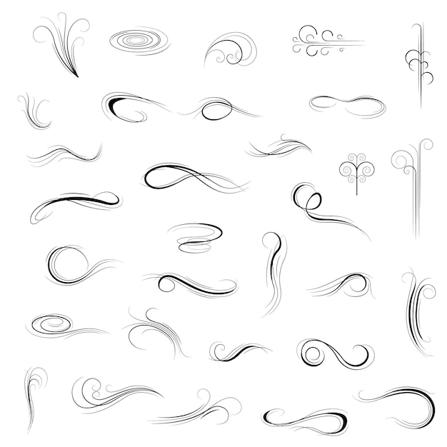 Conjunto grande Colección negra Línea simple Vientos Ráfaga Squall Curl Doodle Esquema Naturaleza Elemento Vector