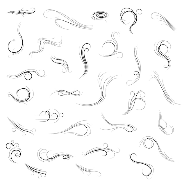 Conjunto grande Colección negra Línea simple Vientos Ráfaga Squall Curl Doodle Esquema Naturaleza Elemento Vector