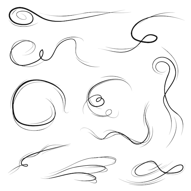Conjunto grande Colección negra Línea simple Vientos Ráfaga Squall Curl Doodle Esquema Naturaleza Elemento Vector