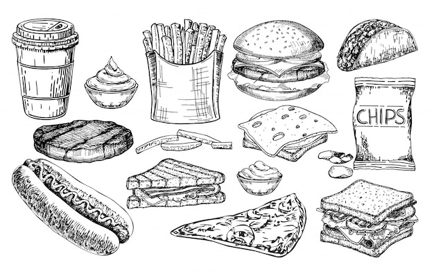 Conjunto grande de comida rápida. Conjunto de boceto de ilustración de comida chatarra. Artículos de menú de restaurante de comida rápida.