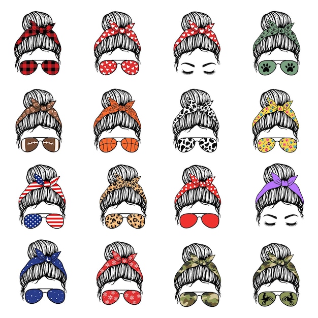 Conjunto grande de Messy Bun Mujer con pañuelo de gafas de aviador Messy Bun Mom Estilo de vida